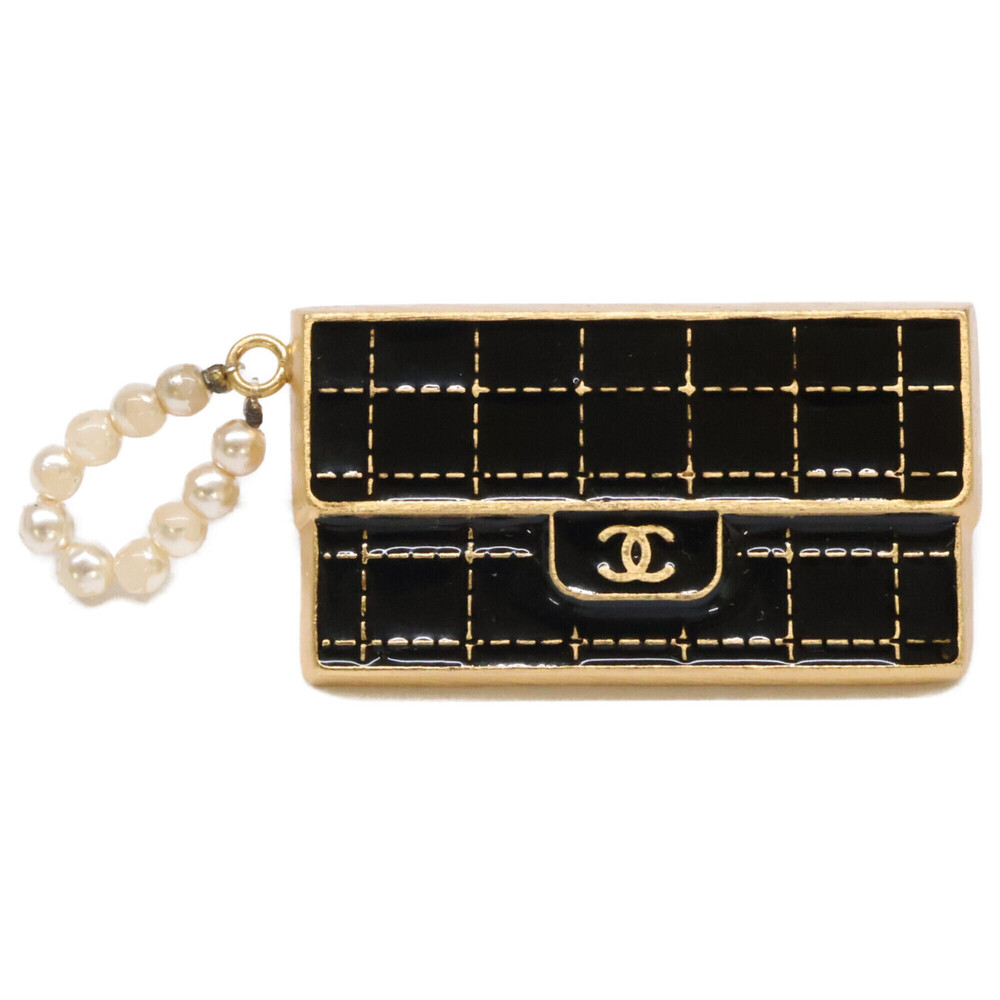 CHANEL 02A Coco Mark Chocolate Bar Bag Motif Pearl Charm Brooch Black Gold Co...